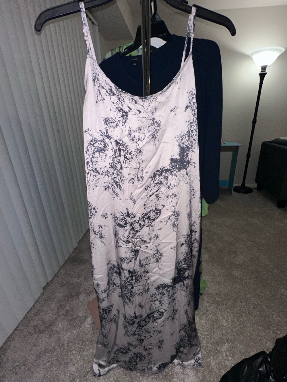 Satin Slip Midi Dress in Light Gray Marble Print